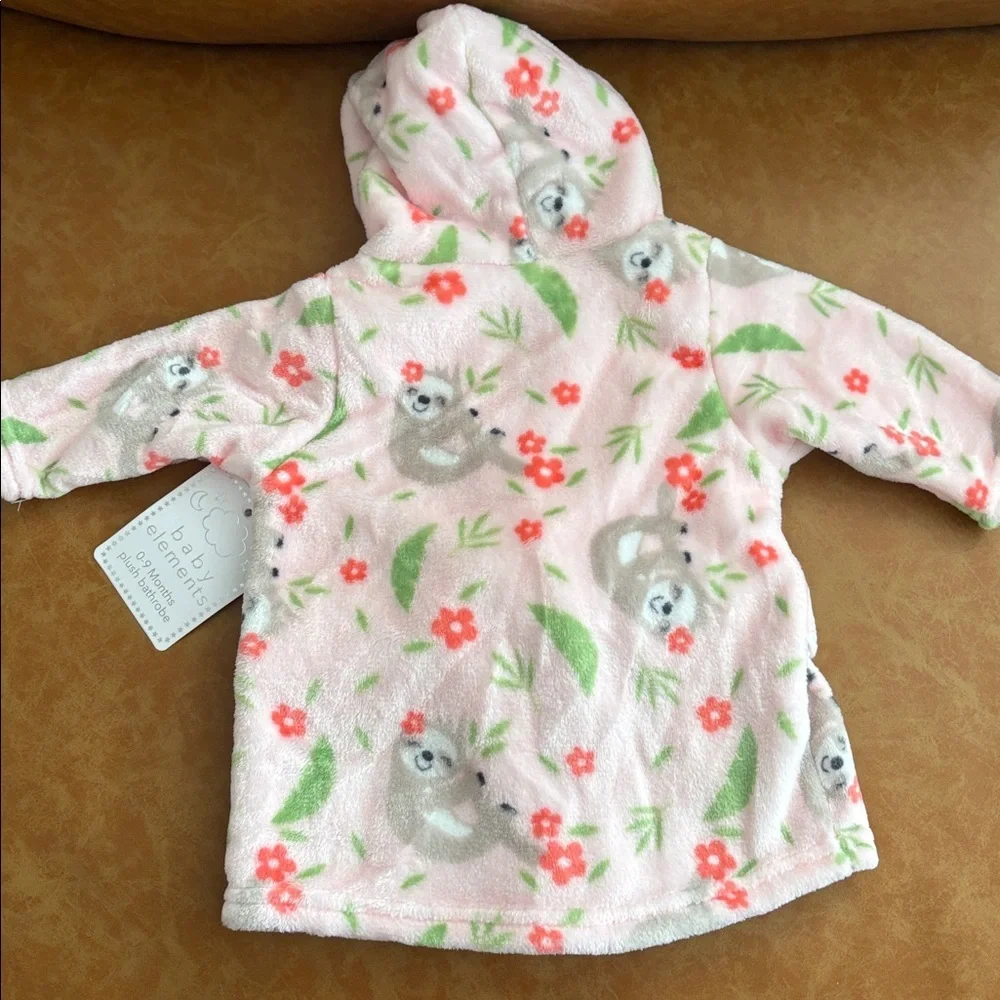 New! Baby Elements Plush Pink Floral Kids Bath Robe - Sloths - Size 0 - 9 months